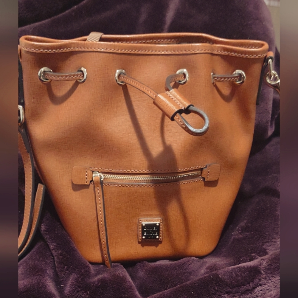 Dooney & Bourke Tan Leather Bucket Shoulder Bag with Drawstring